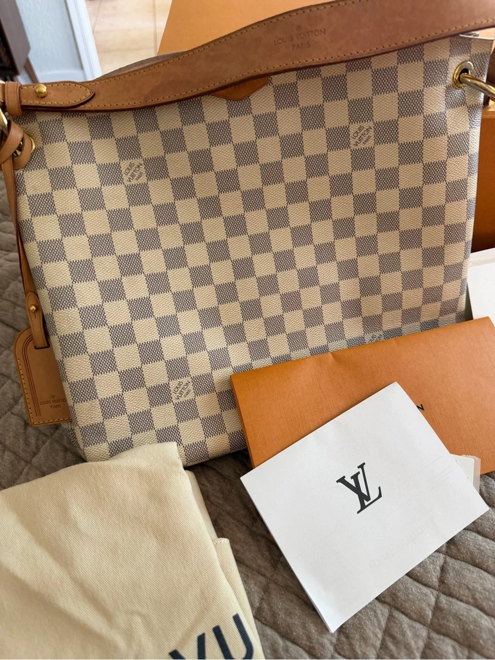 Louis Vuitton Damier Azur Check Shoulder Bag with Tan Leather Trim